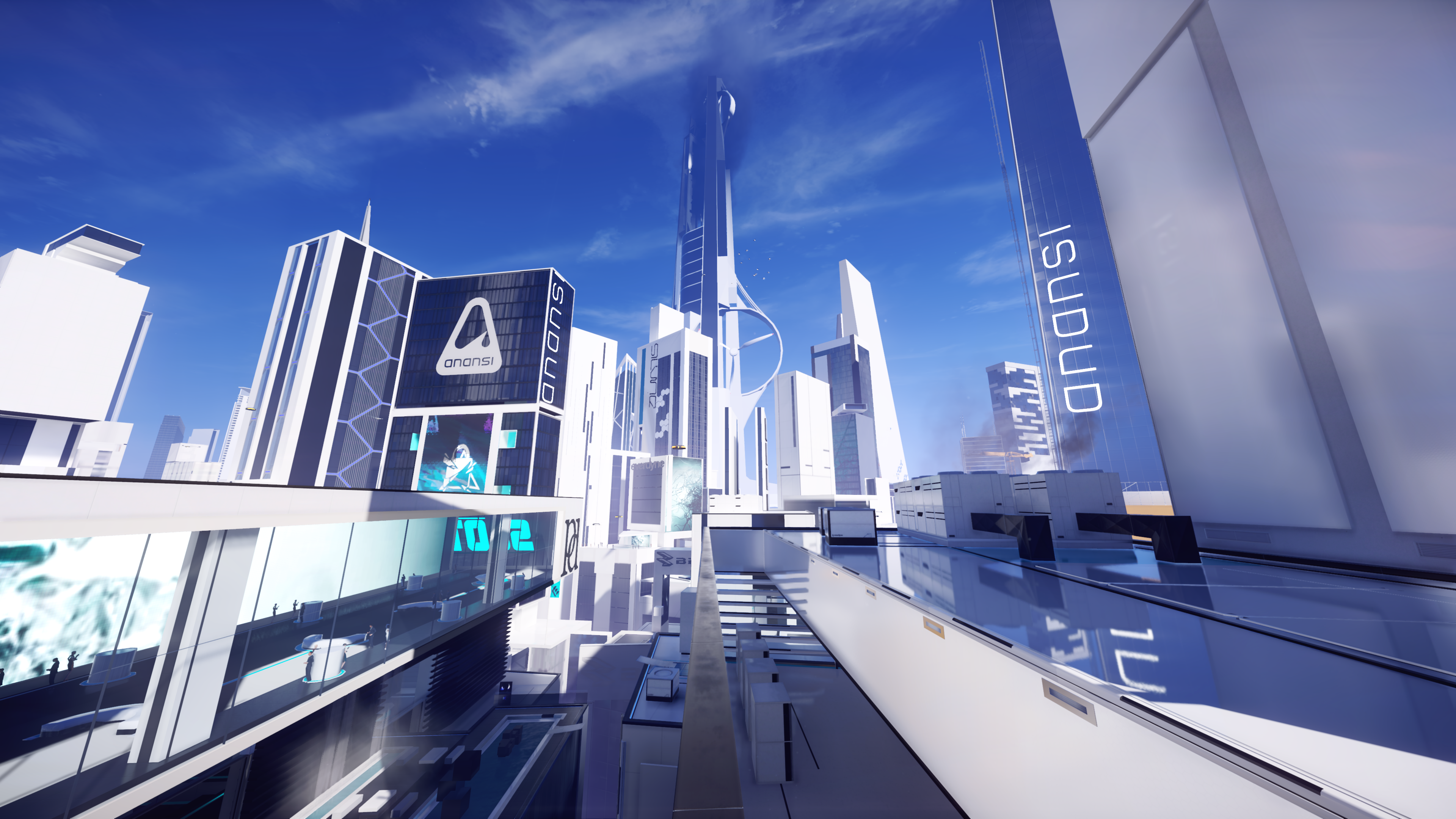 A screenshot of the Anchor District, showing an Anansi building, the Shard in the Background, and a taller under-construction Anansi skyscraper