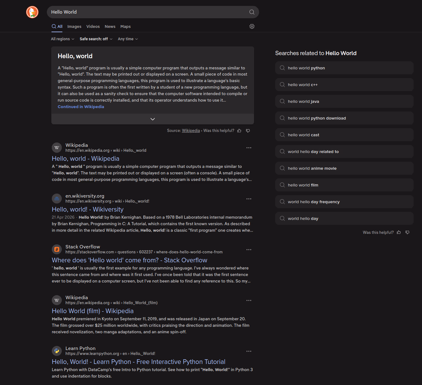 A screenshot of a DuckDuckGo search results page for 'Hello World'