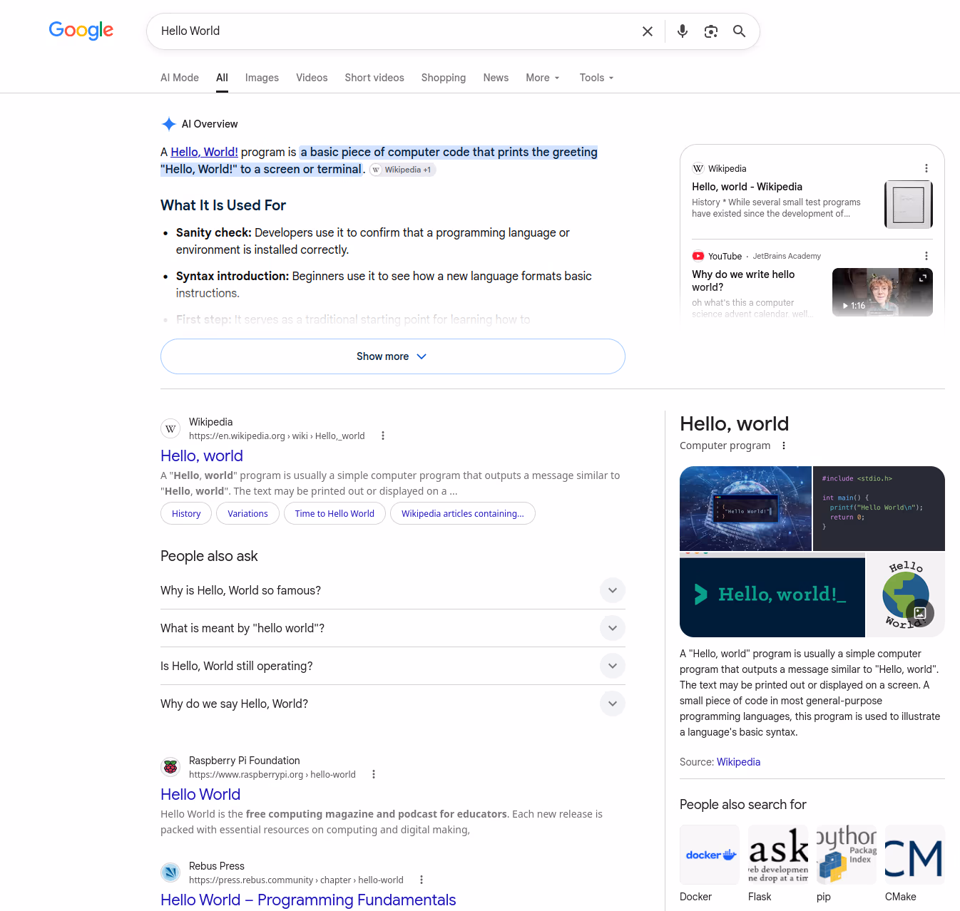 A screenshot of a Google search results page for 'Hello World'.
